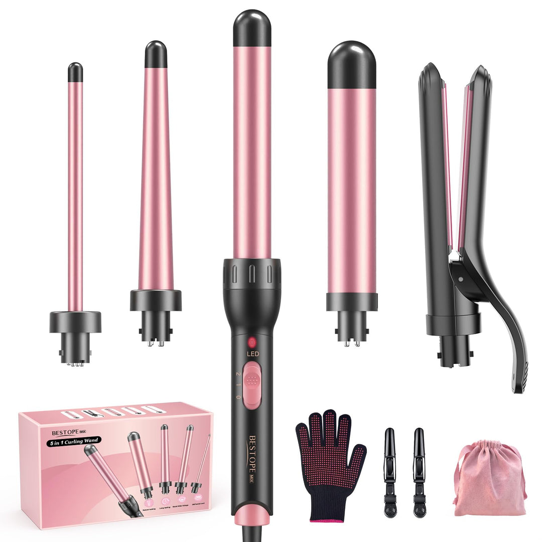 5 in 1 Lockenstab mit Glätteisen - Keramik Lockenstab Set mit Verschiedenen Aufsätzen für Grosse und