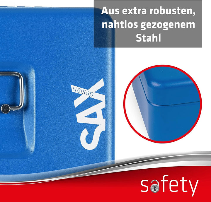 Sax Geldkassette mit Zahlenschloss, extra Starkes Schloss, 25 x 18 x 9cm, Large, Blau Large Blau, La