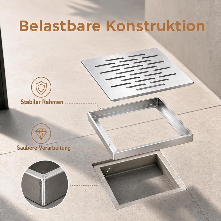 Bodenablauf Edelstahl 200×200 mm mit Rahmen, quadratisches Abflussgitter | Rostfreie Ablaufabdeckung
