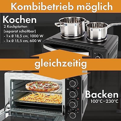 Clatronic® Mini-Backofen mit Kochplatten und Drehspiess | gleichzeitig kochen u. backen | Minibackof