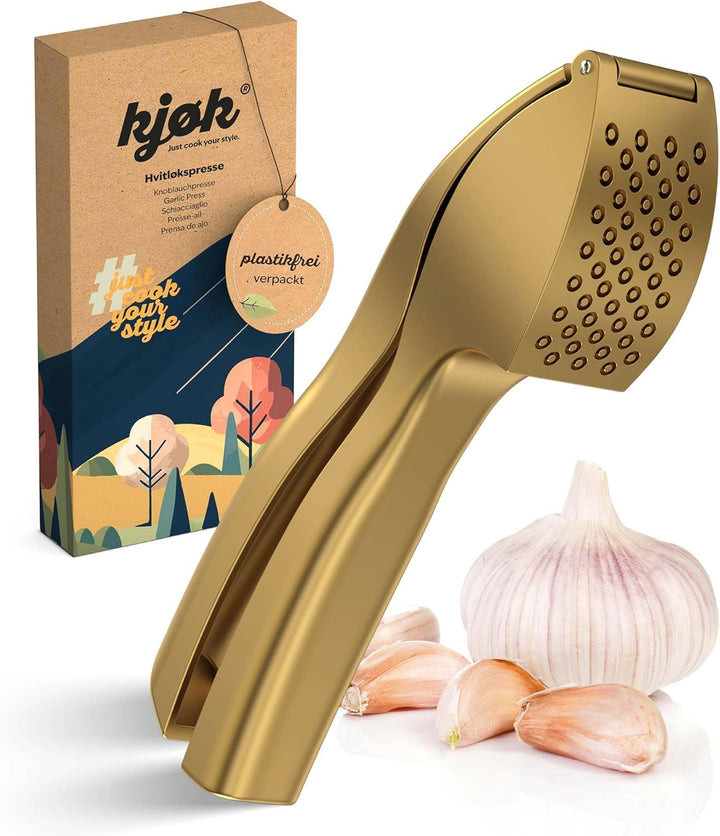 kjøk Premium Knoblauchpresse aus Zinklegierung in Gold matt - profi Knoblauch Presse spülmaschinenfe