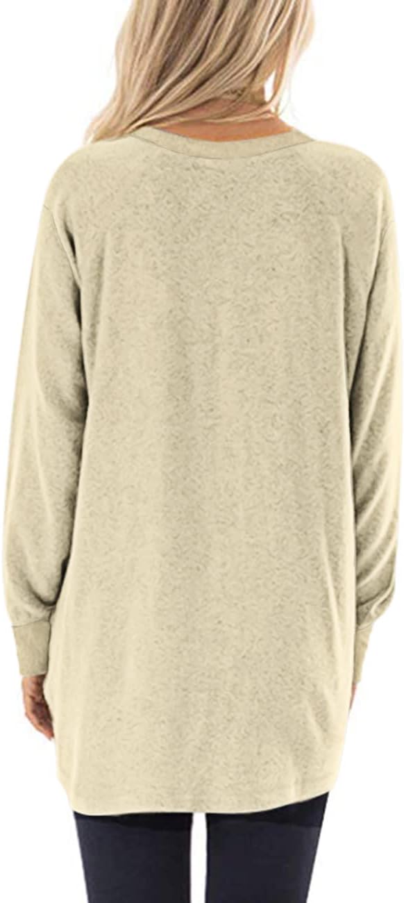 AUSELILY Damen Langarmshirts Rundhals T Shirts Blusen Tunika Sweatshirt Pullover Mit Taschen Beige02