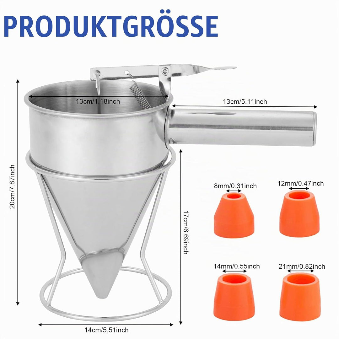 Pfannkuchen Teigspender Teigportionierer, 1200ml Edelstahl Kuchenspender mit Deckel &amp; 4 Ersatzdüsen