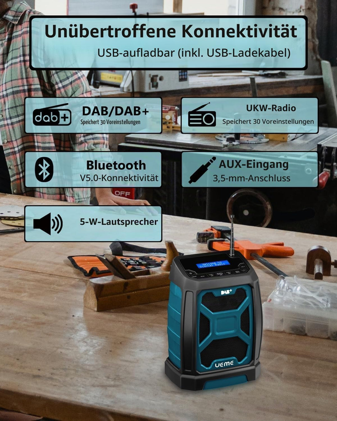 Baustellenradio DAB Mit Akku Aufladbar (6000mAh), DAB+, FM Radio, Bluetooth 5.0, Dual Radiowecker, A