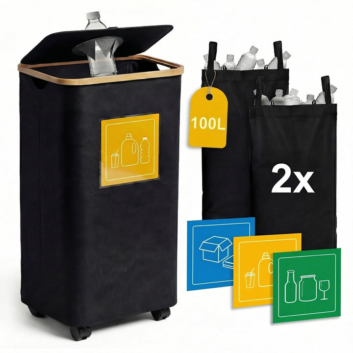 Viviendo 100L Pfandflaschen Sammelbehälter mit Deckel & Rollen, Faltbar, wasserdicht, 2 Innensäcke,