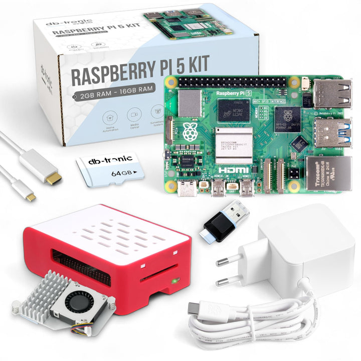 db-tronic Raspberry Pi 5 8GB Cooler Set | 64GB Edition | Netzteil 27W | Airflow Gehäuse | Active Coo