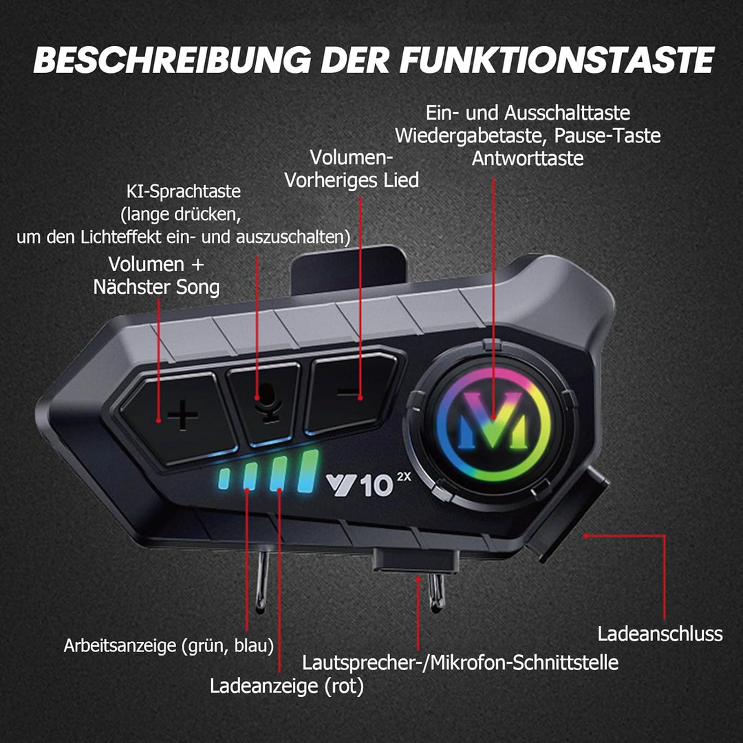 Motorradhelm Headset Bluetooth mit Mikrofon Intercom Motorrad Kommunikationssystem Helm Kopfhörer fü