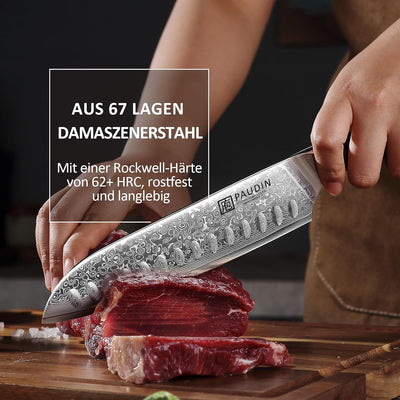 PAUDIN Santokumesser Damastmesser 17 cm, Ultra Scharfes Kochmesser aus 67 Lagen Damaststahl mit japa