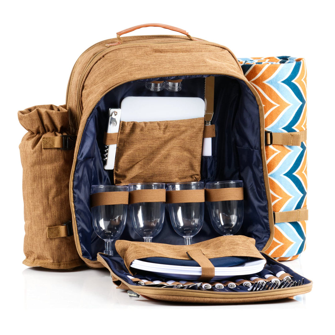CampFeuer Picknickrucksack für 4 Personen | braun | Picknickset 32-teilig | inkl. Flaschenhalter und