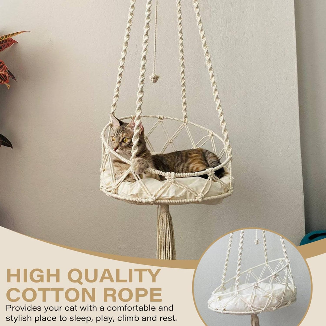 Katzenhängematte, 130 cm langes hängendes Katzenbett mit 40 cm Kissen, Boho-Makramee-Hängematte, Kat
