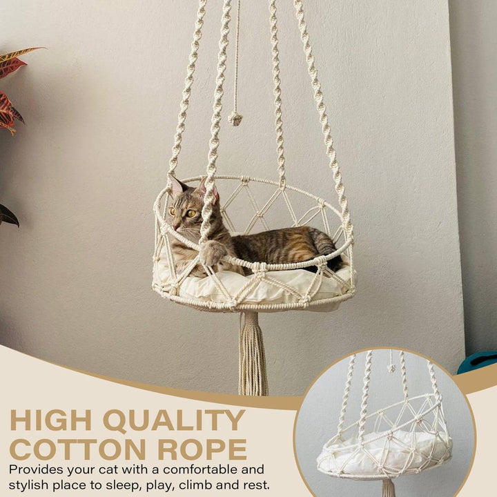 Katzenhängematte, 130 cm langes hängendes Katzenbett mit 40 cm Kissen, Boho-Makramee-Hängematte, Kat