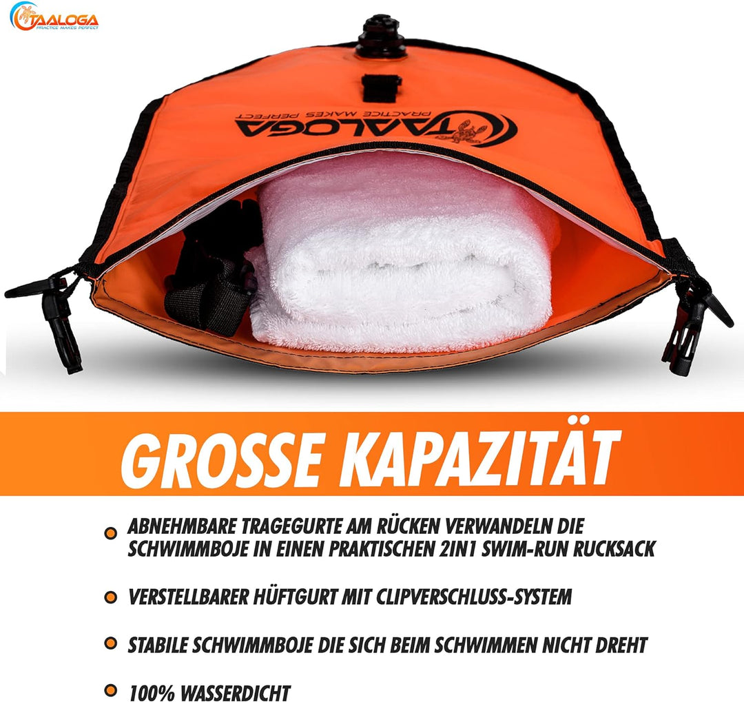 TAALOGA® 2in1 Schwimmboje und wasserdichter Rucksack | Trockensack | Open Water Swim | Ideal für Fre