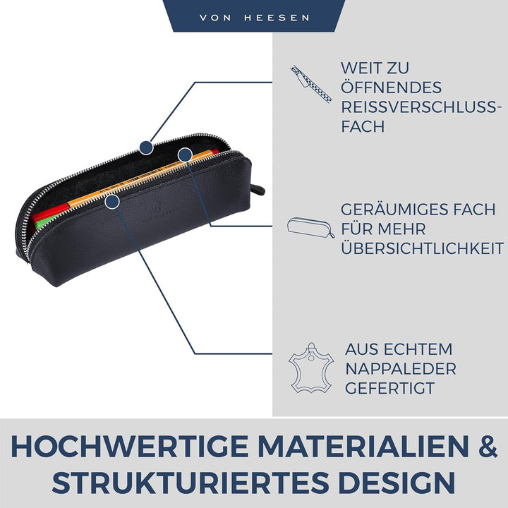 VON HEESEN® Echtleder Federmäppchen Leder Federmappe Etui für Stifte Mäppchen Schule Federtasche Uni
