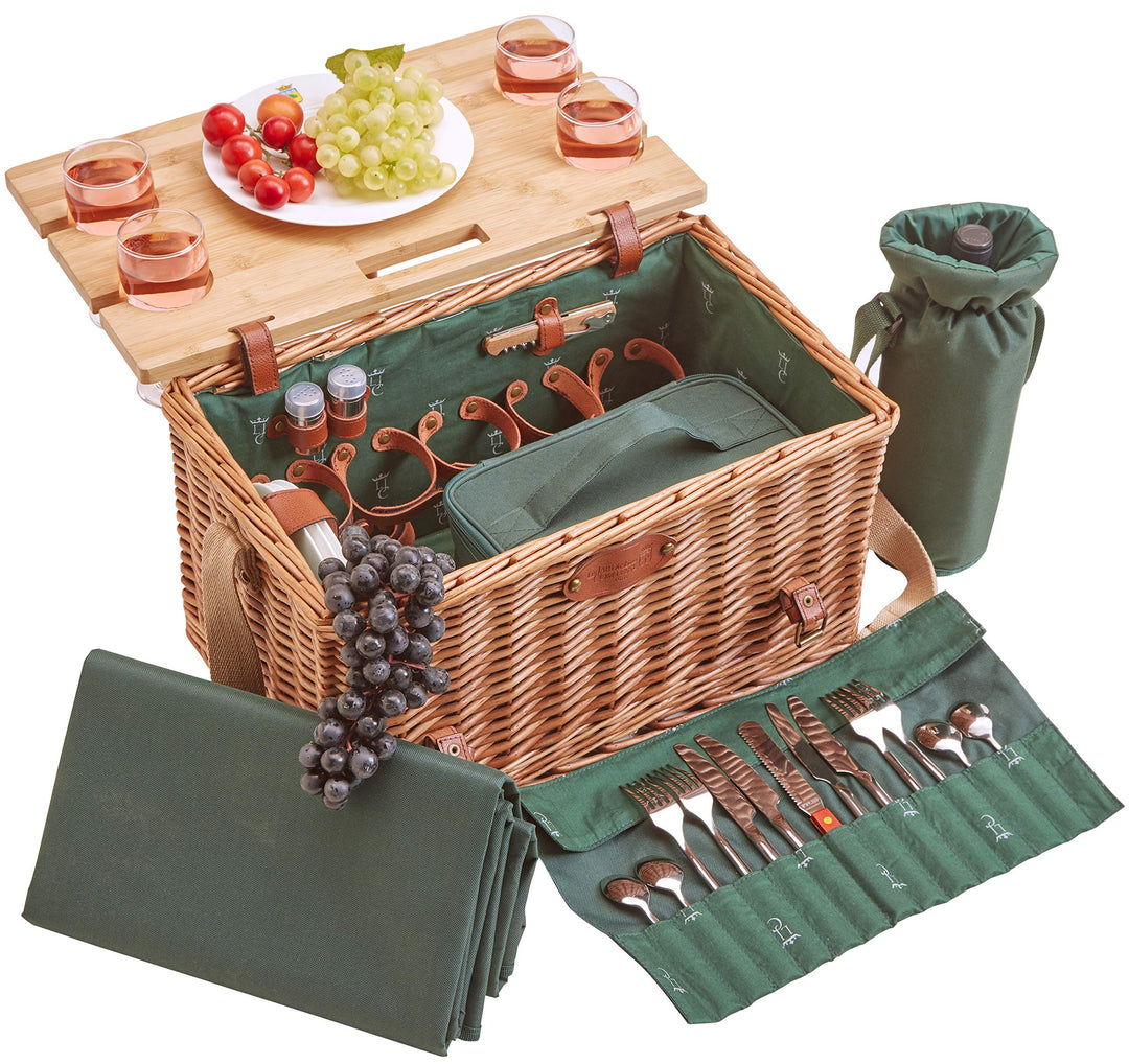 Les Jardins de la Comtesse - Picknickkorb Saint Honoré Grün aus Weide - Lederriemen - Komplett Für 4