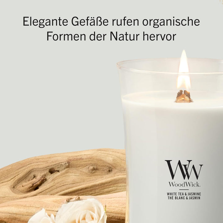 Grosse WoodWick Duftkerze im Sanduhrglas mit knisterndem Docht, White Tea & Jasmine, bis zu 130 Stun
