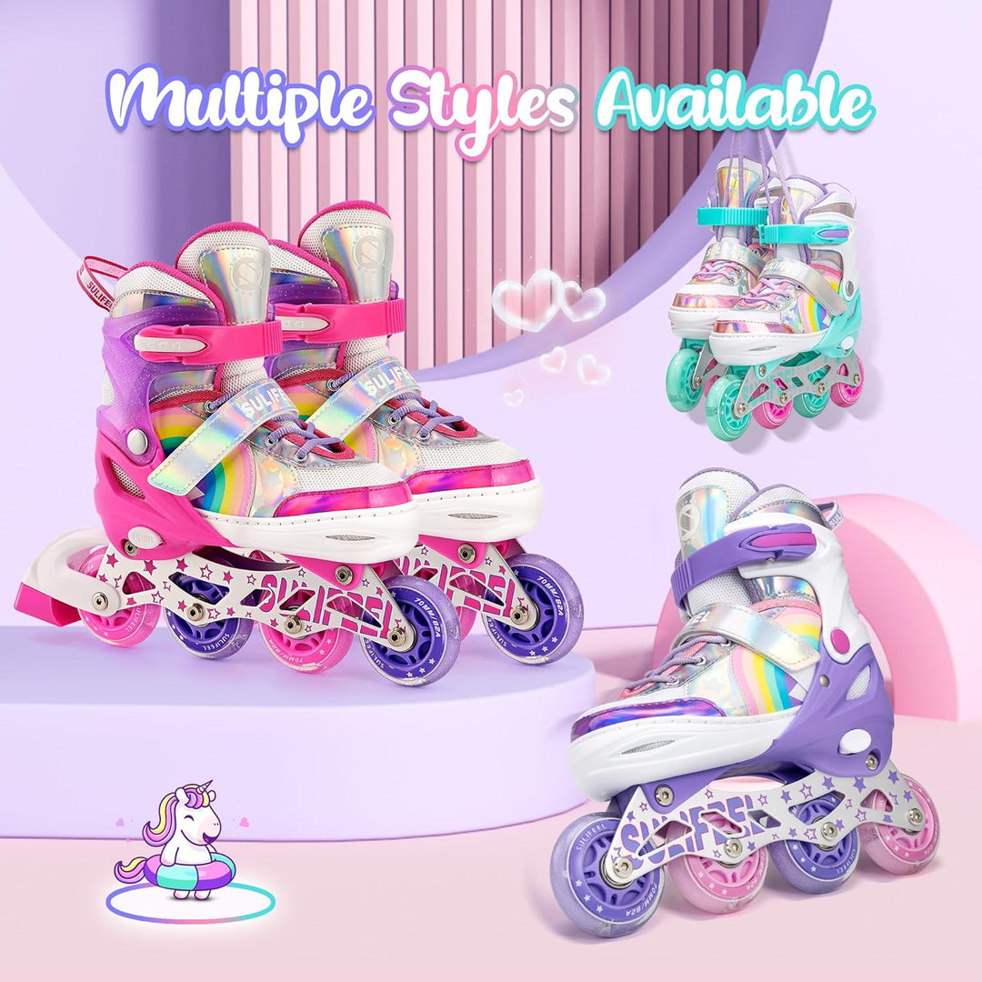 SULIFEEL Rainbow Unicorn Verstellbare Schwarz Rollschuhe für Kinder mit Leuchtenden Rädern für Junge