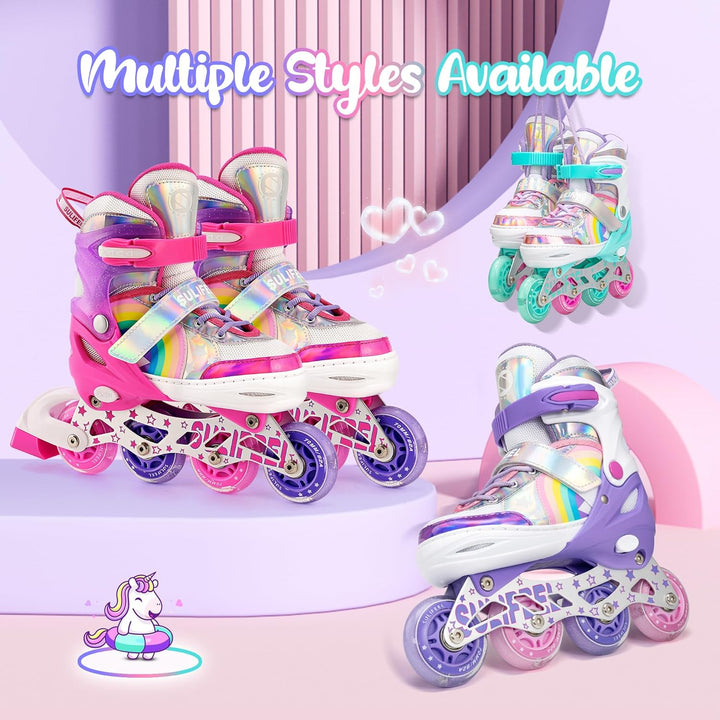 SULIFEEL Rainbow Unicorn Verstellbare Schwarz Rollschuhe für Kinder mit Leuchtenden Rädern für Junge