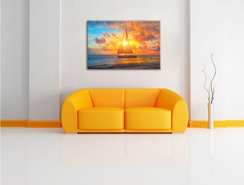 Pixxprint Segelboot nahgelegen der Küste als Leinwandbild/Grösse: 100x70 cm/Wandbild/Kunstdruck/fert