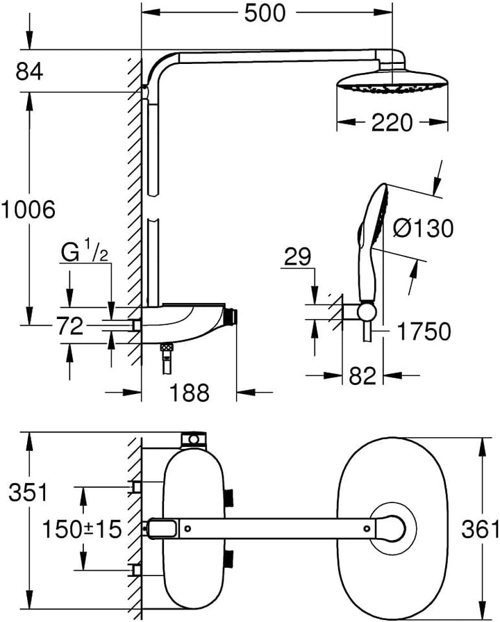 GROHE Rainshower System SmartControl Mono 360 - Duschsystem mit Thermostatbatterie (Wandmontage, int
