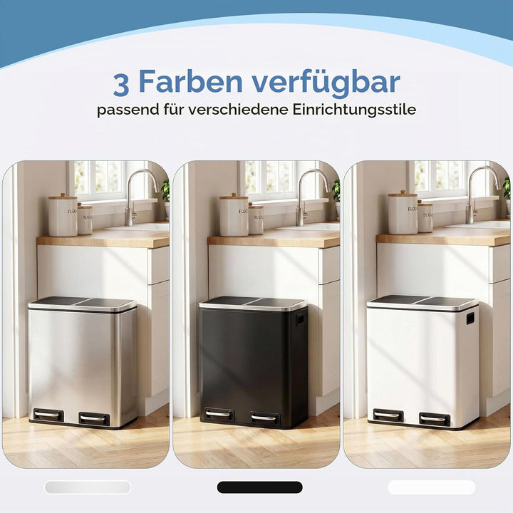 Clevich Mülleimer Küche 2 x 15 Liter, Mülltrennsystem 2 Fächer 30L für Recycling und Abfall, Treteim