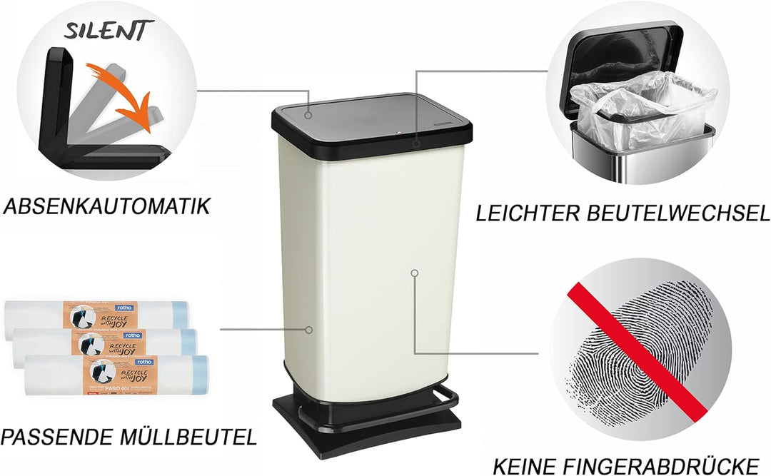 Rotho Paso Mülleimer 40 Liter mit Pedal und Deckel, Kunststoff (PP) BPA-frei, weiss metallic, 40l (3