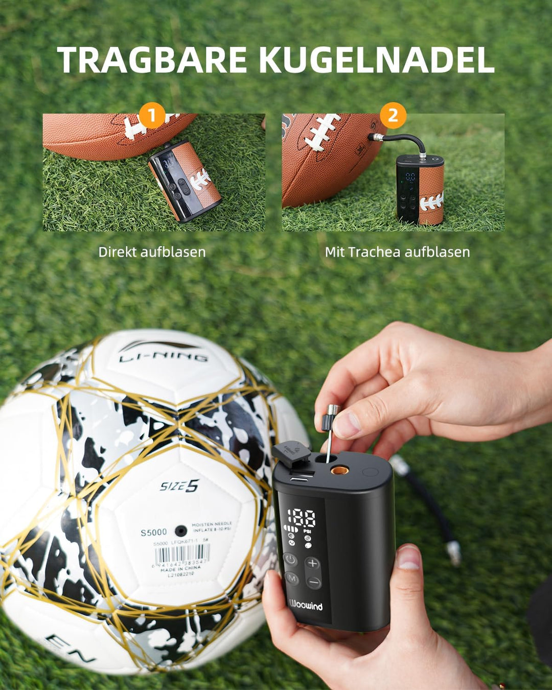 Woowind P101 Ballpumpe Elektrisch mit 12 PSI, 4000mAh Power Bank, LED Licht, Auto-Stop, für Fussball