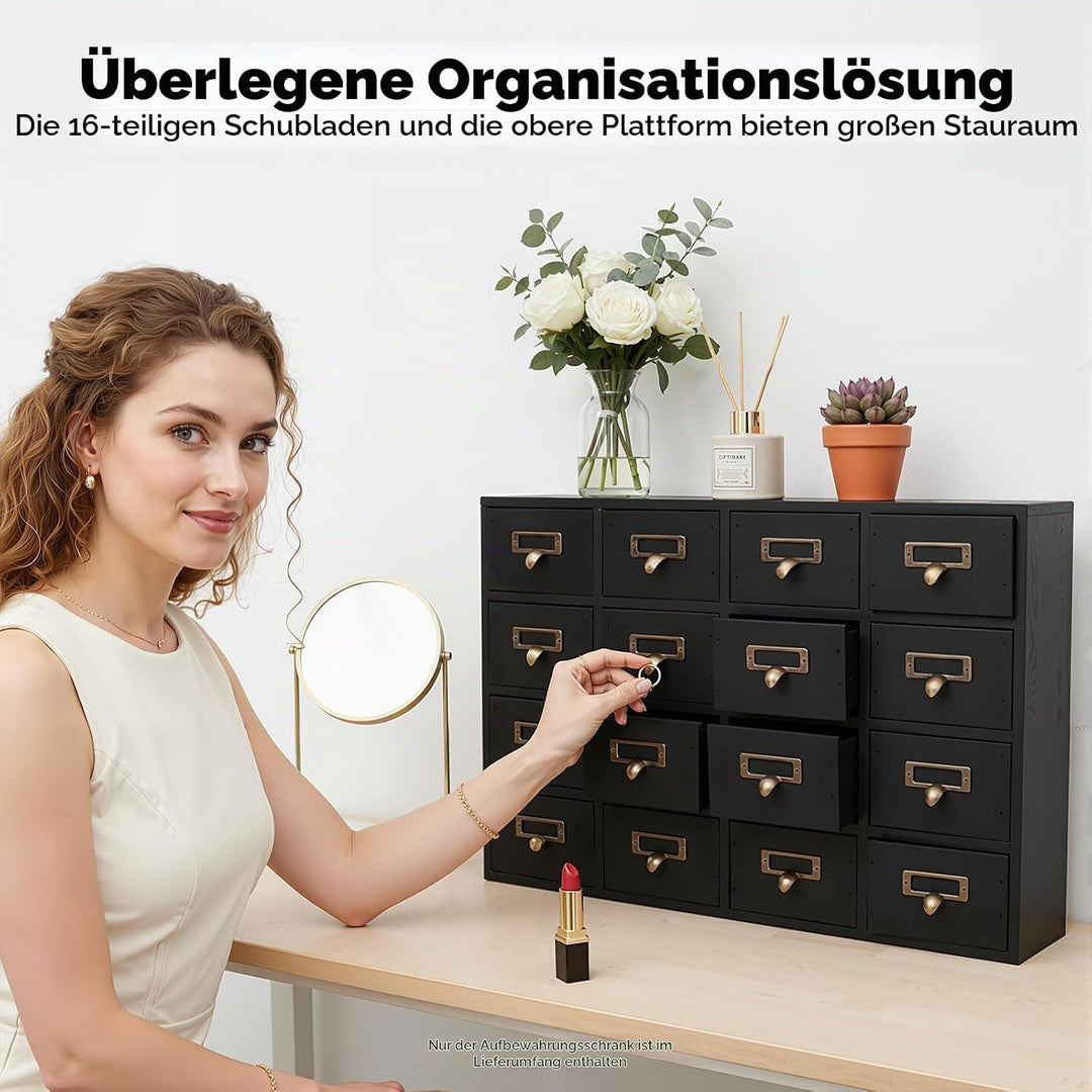 Klein Kommode mit 16 Schubladen, Mini Schubladenschrank Holz Schubladenbox Vintage Aufbewahrungsschr