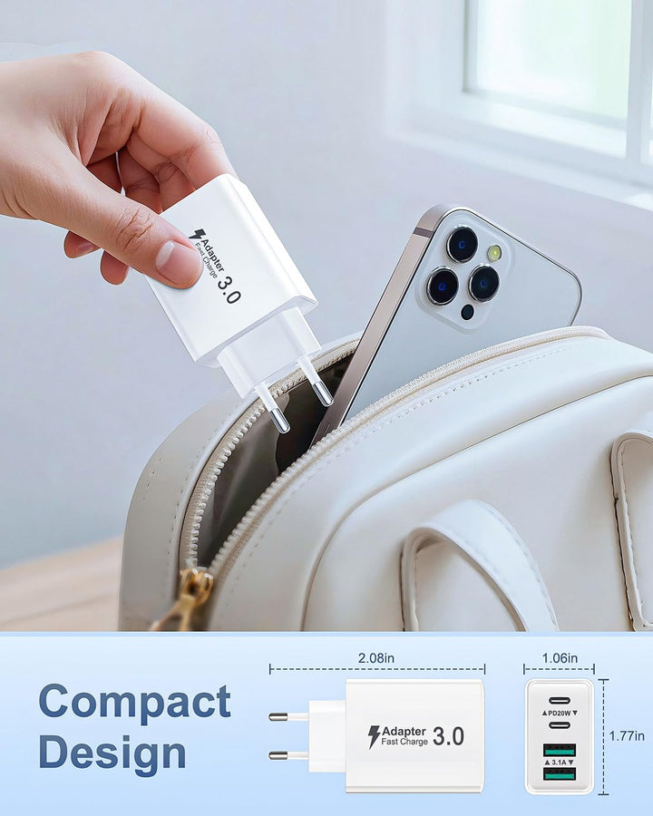 USB C Ladegerät, 2-Pack 4-Ports Mehrfach Schnellladegerät USB Stecker für iPhone 17 16 15 14 13 12 1