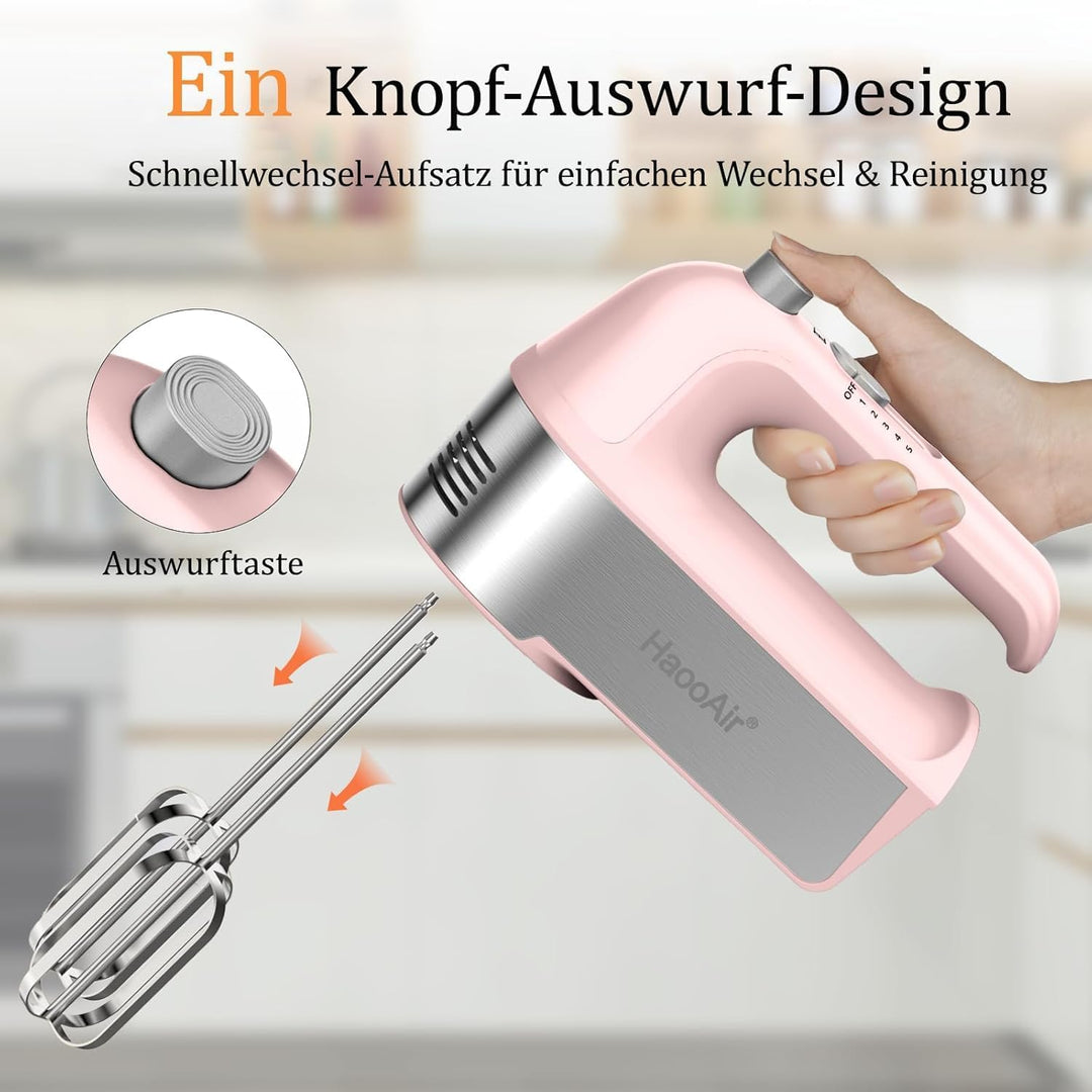450W Elektro-Handmixer, 5-Gang-Handmixer mit Messbecher-aufbewahrung, 5 Edelstahl-Zubehör, Turbo-Boo
