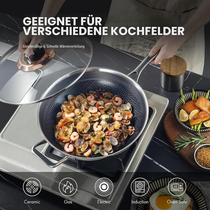 Wokpfanne mit Deckel Hybrid 30cm, Wabenpfanne Antihaft Edelstahl, kühl bleibender Griff, spülmaschin
