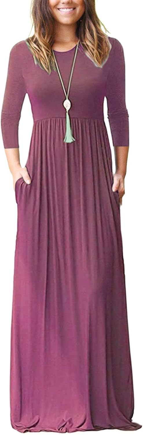 WNEEDU Damen Maxikleider 3/4 Ärmel Damenkleid Loose Lang Kleid Maxi mit Taschen Maxi-Kleider Elegant