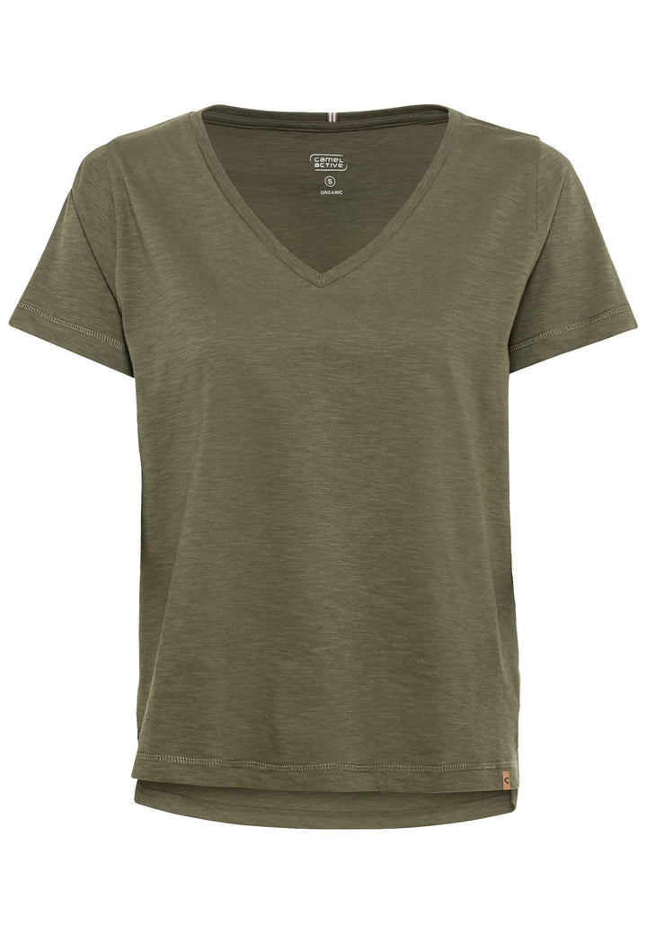 camel active Damen V-Neck T-Shirt aus Organic Cotton XS Olive, XS Olive