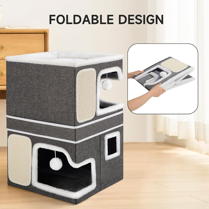 3 Schicht Katzenhöhle, Faltbare Katzenhaus für Grosse Katzen, 40L*40B*63H cm, Indoor Katzenwürfel, A