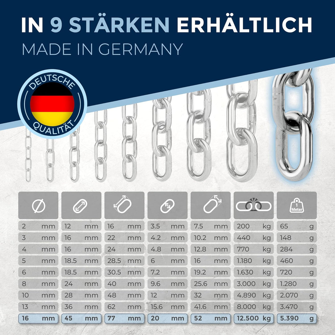 100cm = 1 meter 16mm starke Edelstahlkette Meterware V4A Kette kurzgliedrig am Stück Ankerkette A4 D