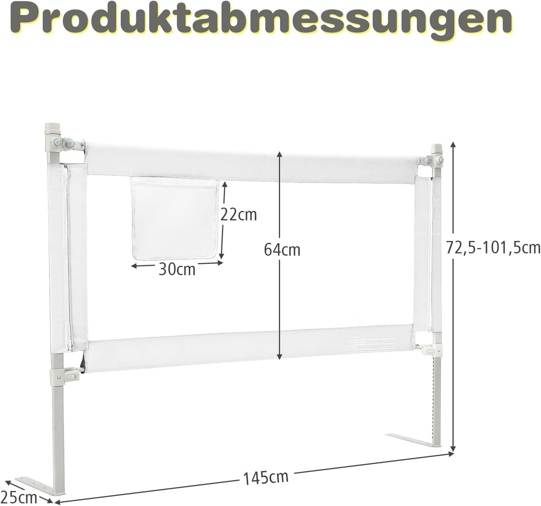 COSTWAY Bettgitter 145 cm, Bettschutzgitter abschliessbar mit 24 einstellbare Höhen &amp; Seitentasche,