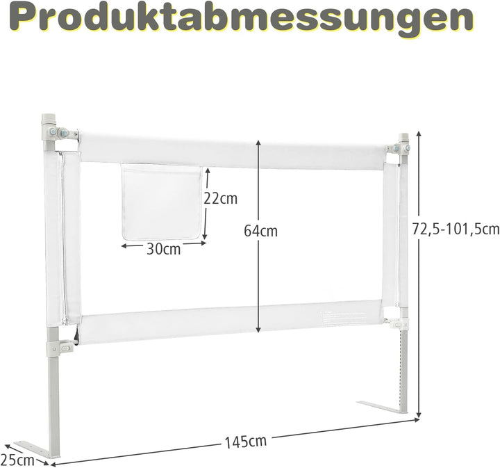 COSTWAY Bettgitter 145 cm, Bettschutzgitter abschliessbar mit 24 einstellbare Höhen &amp; Seitentasche,