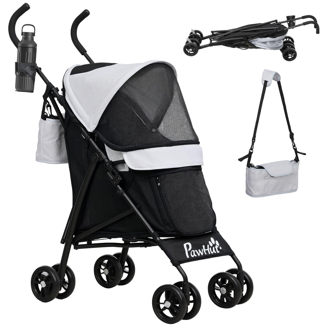 PawHut Hundewagen Hundebuggy klappbar für Hunde &amp; Katzen Katzenbuggy mit Netzfenstern, Schultergurt,