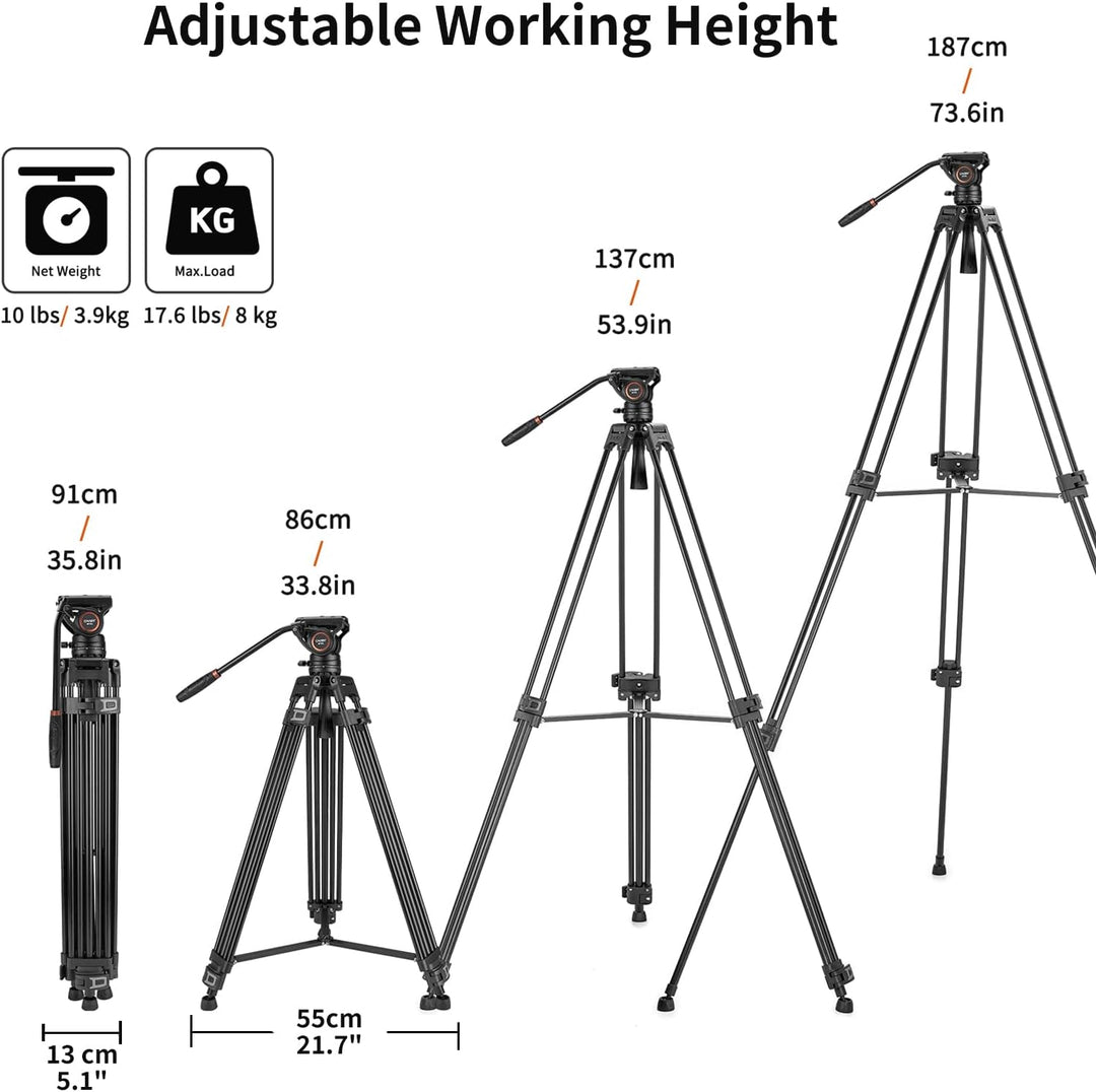 Cayer BF30L Video-Stativ mit Fluid-Kopf, 73" Heavy Duty Stativ mit 360 Grad Fluid-Kopf und Schnellwe