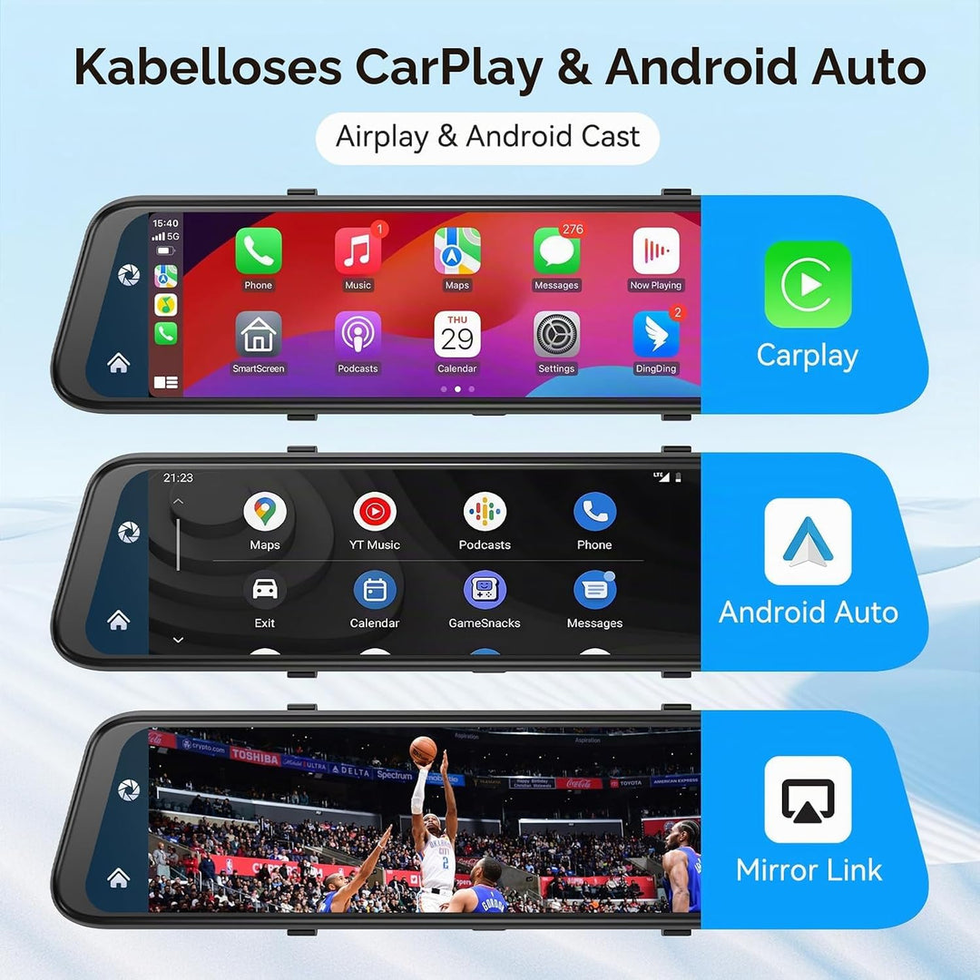 Herilary 12 Zoll 4K Rückfahrkamera Spiegel mit Wireless Android Auto CarPlay, Dashcam Spiegel mit G-