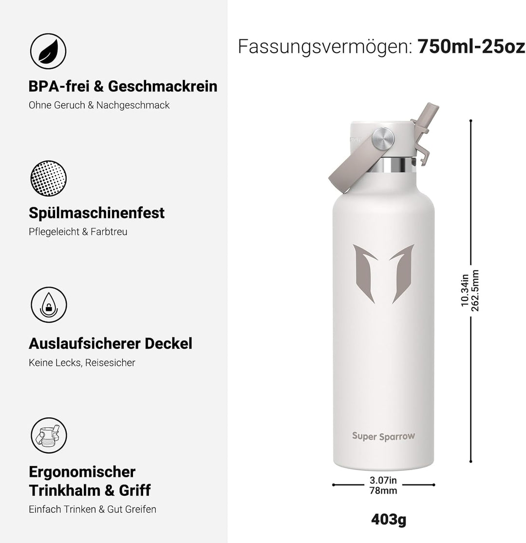 Super Sparrow Trinkflasche Edelstahl - Thermobecher - 350ml, 500ml, 750ml, 1L - FlipFlow Trinkflasch