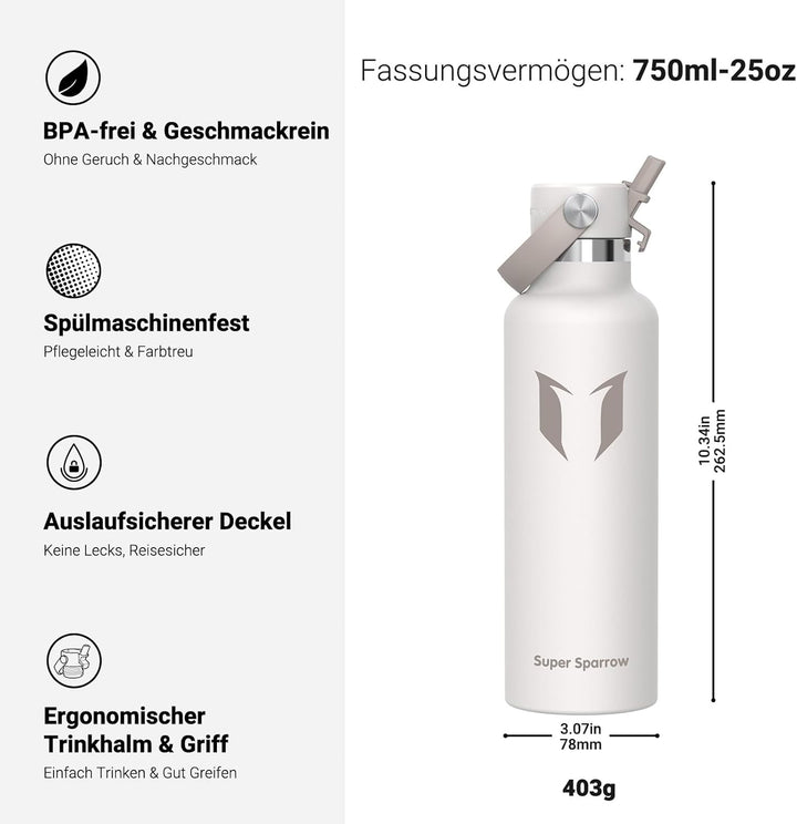 Super Sparrow Trinkflasche Edelstahl - Thermobecher - 350ml, 500ml, 750ml, 1L - FlipFlow Trinkflasch