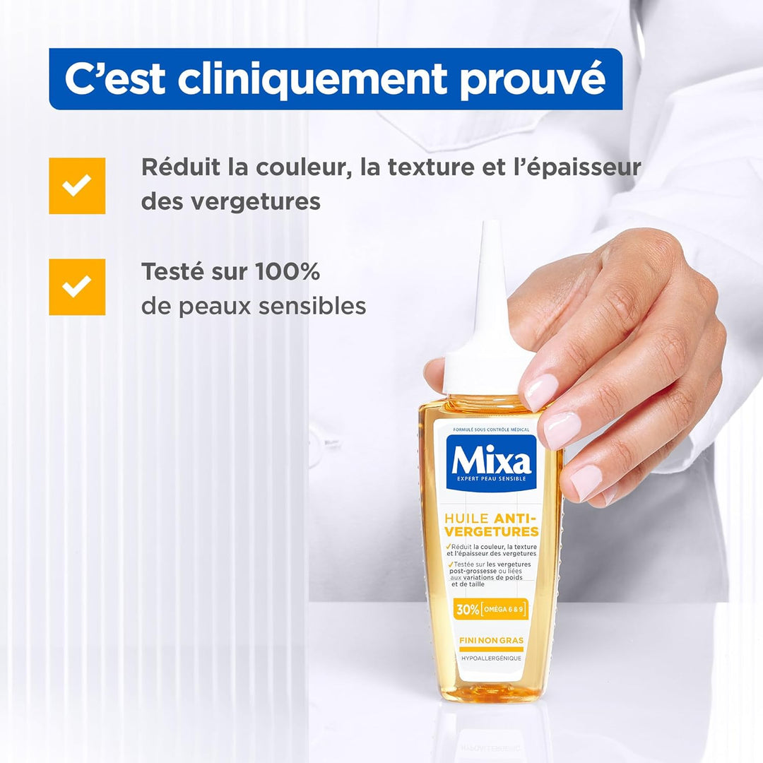 Mixa - Körperöl gegen Dehnungsstreifen - 30% Omega-6 & 9 - Reduziert Farbe, Textur und Dicke von Deh