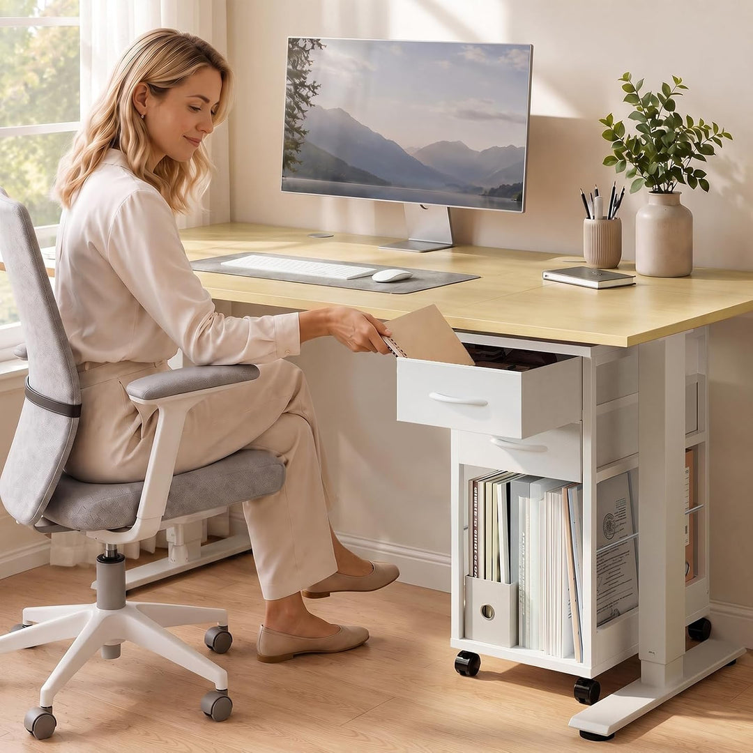 OffiGo Rollcontainer Schreibtisch mit Rollen und 2 Schubladen，Weiss | Rollcontainer mit Wechselbarem