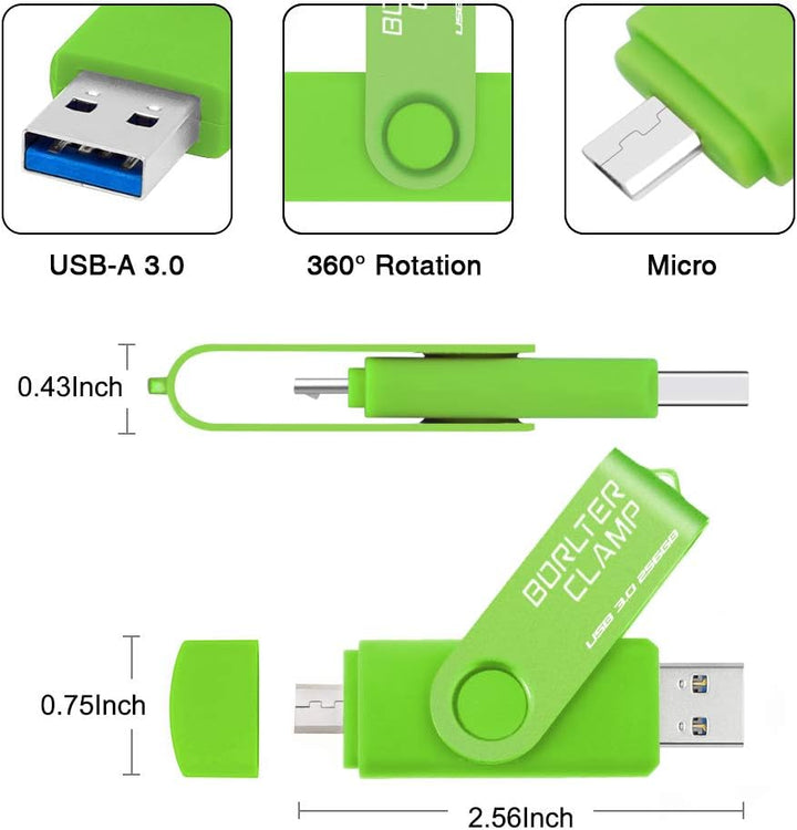 BORLTER CLAMP 256GB USB-Stick 2 in 1 Dual Port USB 3.0 Speicherstick OTG Flash-Laufwerk für Micro-US