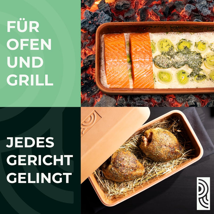myromy® Brick BBQ Mini-Bräter aus Keramik – Grillstein & Grillplatte, Schmortopf mit Aroma-Noppen –