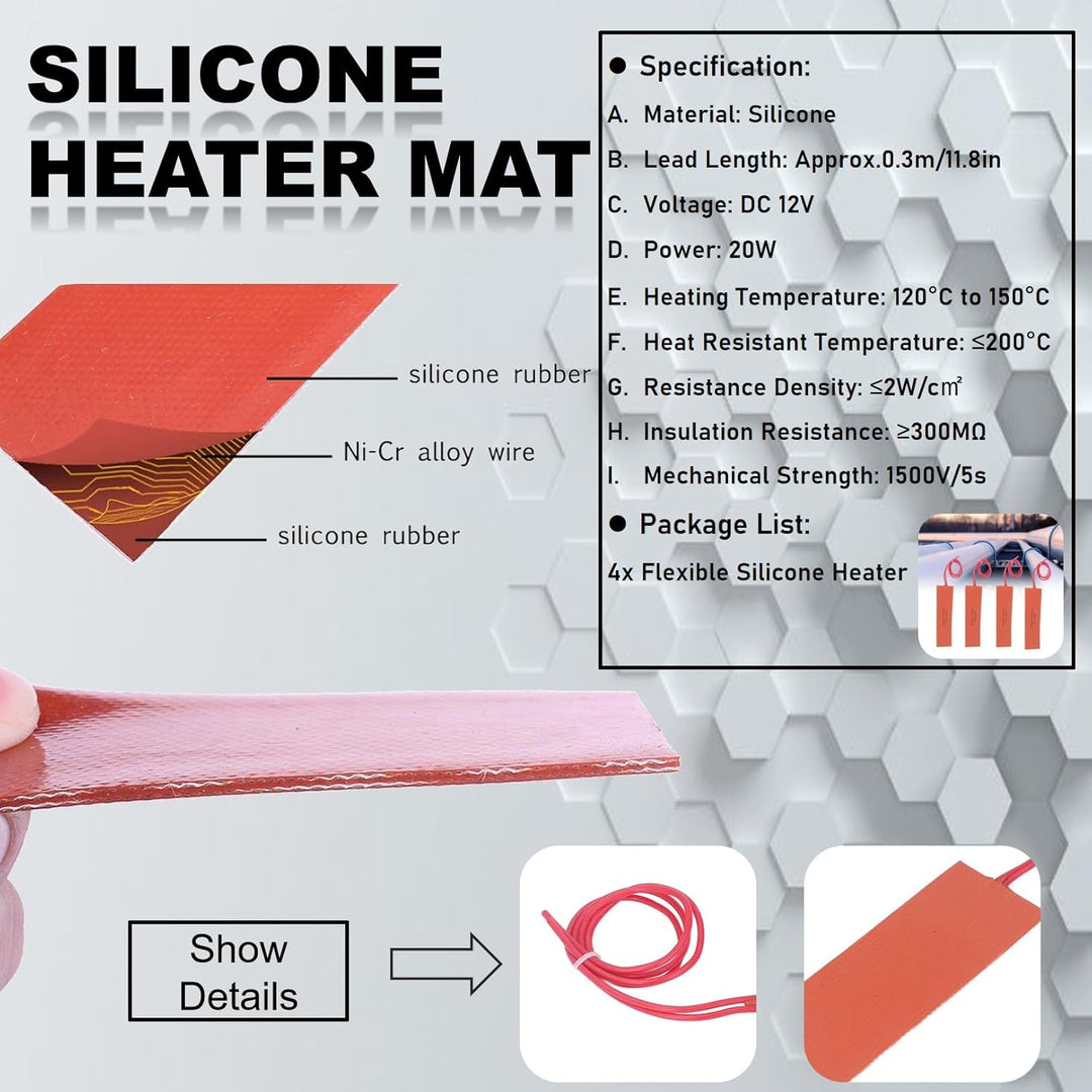 12V 20W Silikon Heizkissen 4 Stück,120-150°C Temperaturbereich Schnelle Erwärmung 50x150mm Flexible