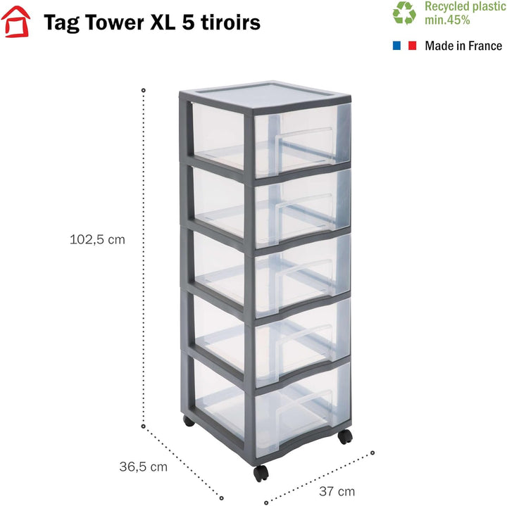 SUNDIS Tag Tower XL, schubladenbox aus Kunststoff mit Rädern, grau, 5 transparente Schubladen, Höhe