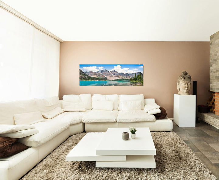 Paul Sinus Art Panoramabild auf Leinwand und Keilrahmen 150x50cm Kanada Gebirge Waldsee Wolken Spieg