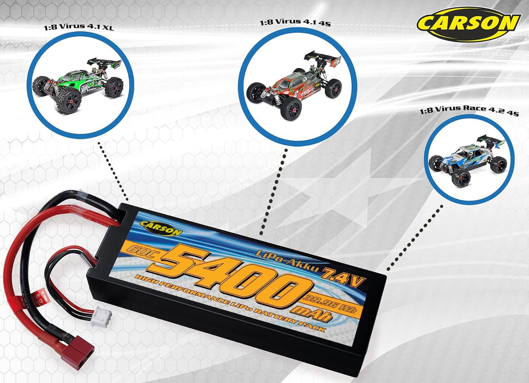 Carson 500608234-7,4V/5400mAh 60C LiPO Race Akku T-Pl. HC, wiederaufladbar, Anschlusskabel mit T-Plu