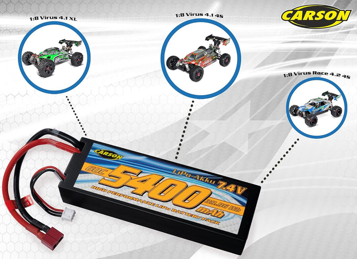Carson 500608234-7,4V/5400mAh 60C LiPO Race Akku T-Pl. HC, wiederaufladbar, Anschlusskabel mit T-Plu